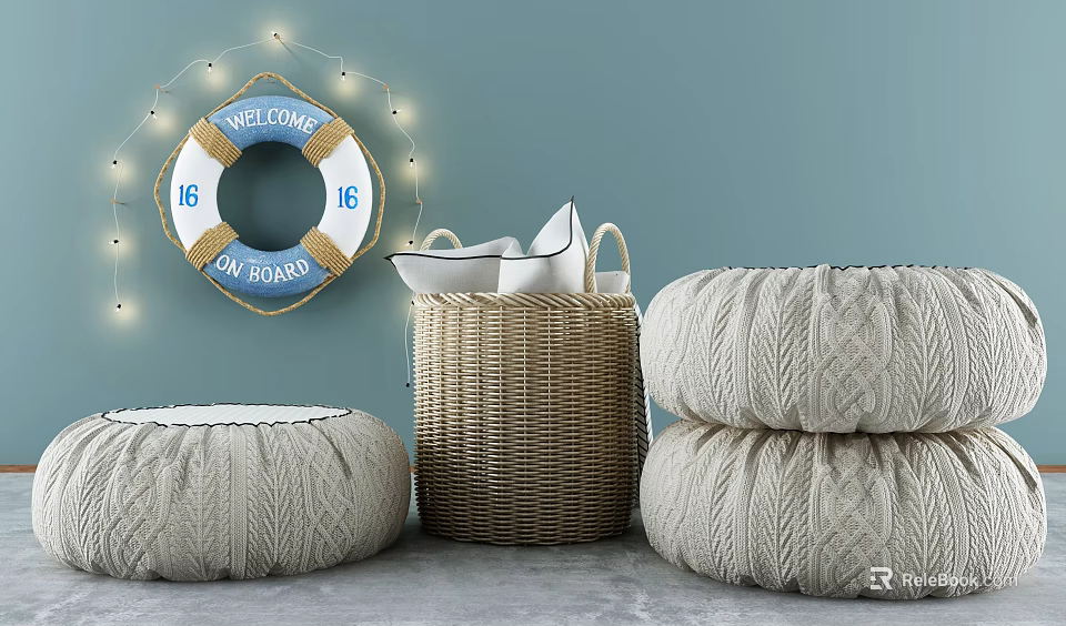 Cozy Indoor Home Decor With Welcome Lifebuoy String Lights Woven Baskets And Round Knit Cushions 3d model 