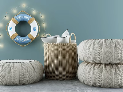 Cozy Indoor Home Decor With Welcome Lifebuoy String Lights Woven Baskets And Round Knit Cushions 3d model