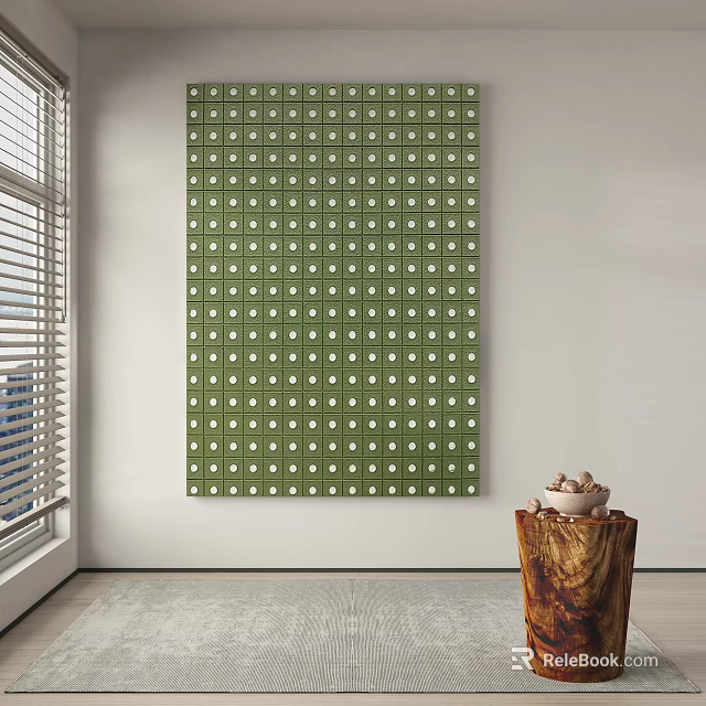 Interior View With Green Square Tile Wall Window Wooden Stool And Decorative Pieces 3d model 