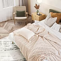 Modern Cozy Bedroom Interior With Comfortable Bed Patterned Rug Desk Chair And Wall Art