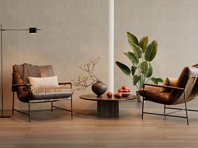 Modern Interior Leather Chairs And Round Wooden Coffee Table With Potted Plant And Floor Lamp 3d model