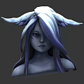 3D Fantasy Character Bust Design With White Blue Hair Wing Like Horns And Purple Eyes