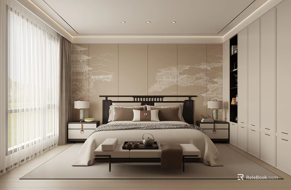 Modern Bedroom Interior Design With Beige Patterned Wall Black Headboard Nightstands And Footstool 3d model