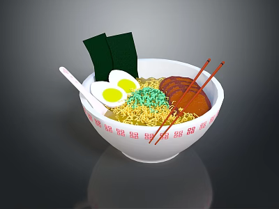 Bowl of Ramen Noodles With Soft Boiled Eggs Seaweed Sliced Meat Chopsticks And Spoon 3d model