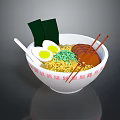 Bowl of Ramen Noodles With Soft Boiled Eggs Seaweed Sliced Meat Chopsticks And Spoon