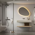 Modern Bathroom Interior With Glass Shower Enclosure Oval Illuminated Mirror White Vanity And Tiled Floor