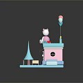 Adorable Pink Cake House With Cat Doll Balloons And White Fence