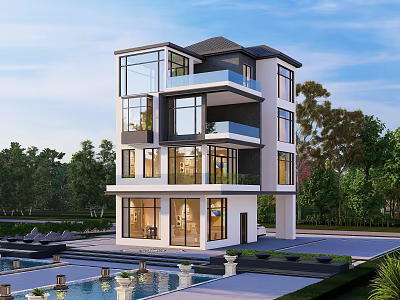 Modern Detached Villa Exterior Design With Large Windows Balconies Swimming Pool And Lush Greenery 3d model
