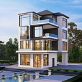 Modern Detached Villa Exterior Design With Large Windows Balconies Swimming Pool And Lush Greenery
