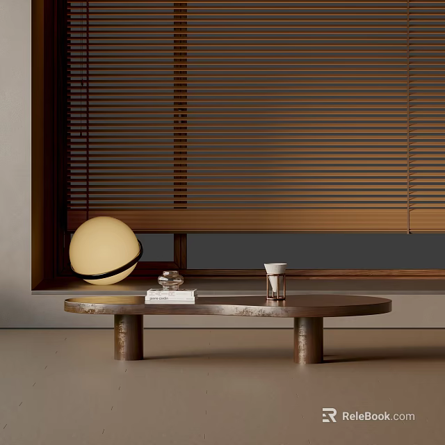 Sofa And Coffee Table Set With Round Metal Legs Spherical Decor Wooden Blinds Book Cup 3d model 