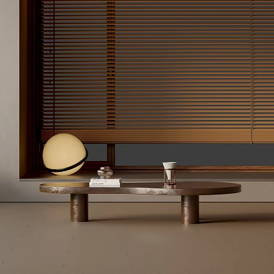 Sofa And Coffee Table Set With Round Metal Legs Spherical Decor Wooden Blinds Book Cup 3d model