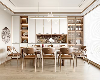 New Chinese Restaurant Dining Table and Chair Combination Dining Table Dining Chair Wine Cabinet Restaurant Chandelier 3d model