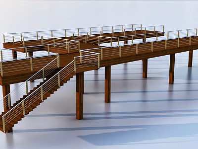 Elevated Wooden Roadside Pedestrian Facility with Platform Railing Stairs and Columns 3d model