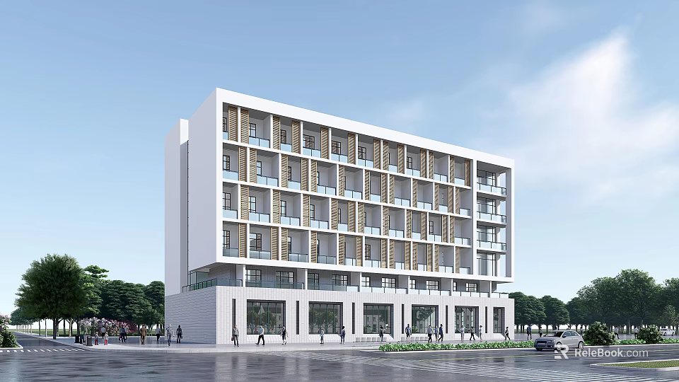 Modern Multi Storey Office Building With White Facade Large Windows and Balconies 3d model 
