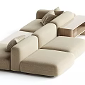 Modern Beige Linen Sectional Sofa With Wooden Side Table And Decorative Pillows