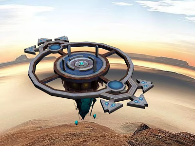 Advanced Floating Circular Sci-Fi Structure With Blue Elements Over Desert Mountains 3d model