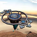 Advanced Floating Circular Sci-Fi Structure With Blue Elements Over Desert Mountains