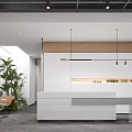 Modern Stylish Office Reception Area With Marble Counter Open Workspace And Elegant Fresh Green Plants