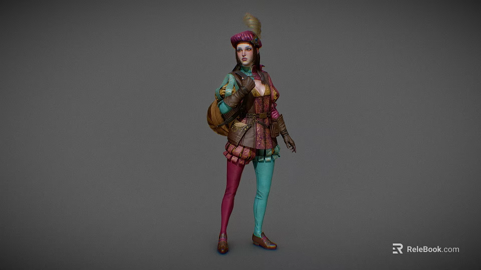 A Woman in Fantasy Style Colorful Outfit with Feathered Hat Backpack and Tight Pants 3d model 