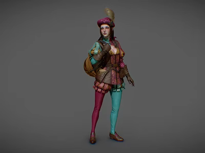 A Woman in Fantasy Style Colorful Outfit with Feathered Hat Backpack and Tight Pants 3d model