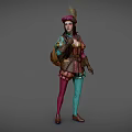 A Woman in Fantasy Style Colorful Outfit with Feathered Hat Backpack and Tight Pants