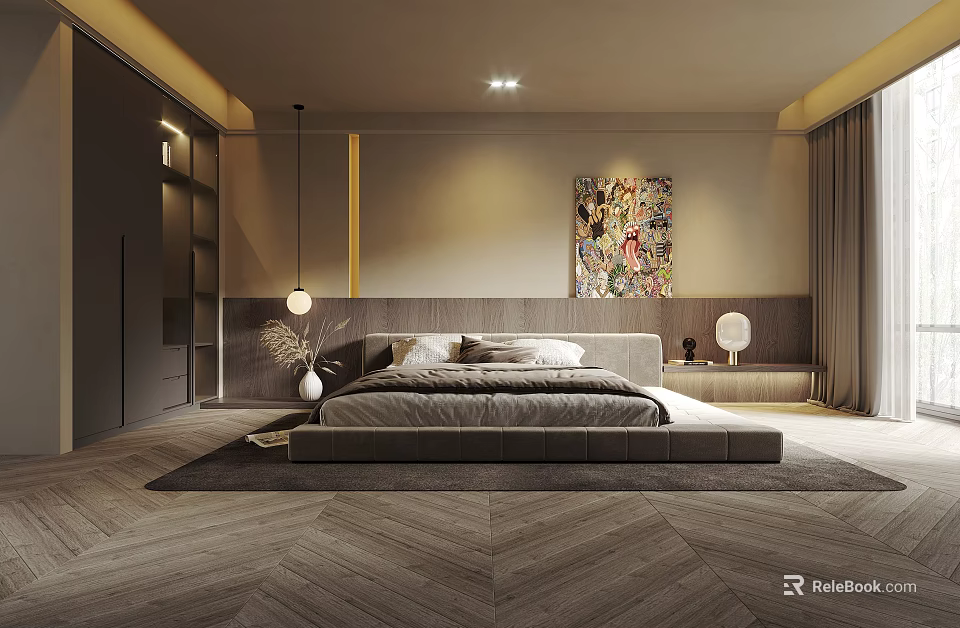 Modern Bedroom Interior With Large Bed Area Rug Wall Art And Ambient Lighting 3d model 