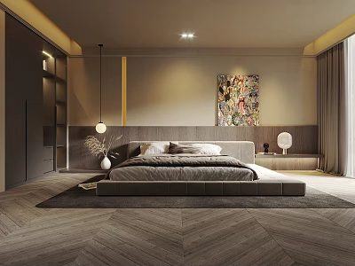 Modern Bedroom Interior With Large Bed Area Rug Wall Art And Ambient Lighting 3d model