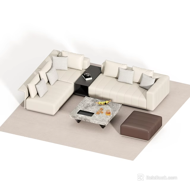 Beige L Shaped Sofa And Coffee Table Set With Pillows And Brown Ottoman 3d model
