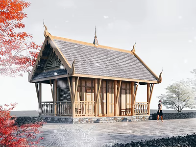 Traditional Wooden Hotel Building With Pointed Roofs Gray Tiles Snowy Surroundings And Red Trees 3d model