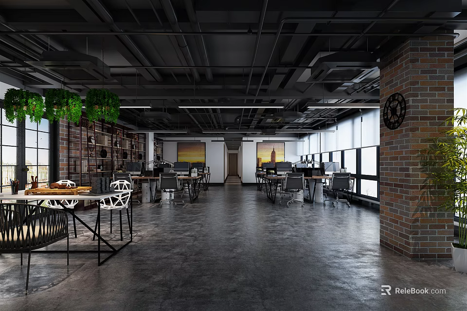 Open Public Office Space With Industrial Ceiling Brick Walls Green Plants Natural Light And Workstations 3d model 