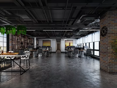 Open Public Office Space With Industrial Ceiling Brick Walls Green Plants Natural Light And Workstations 3d model