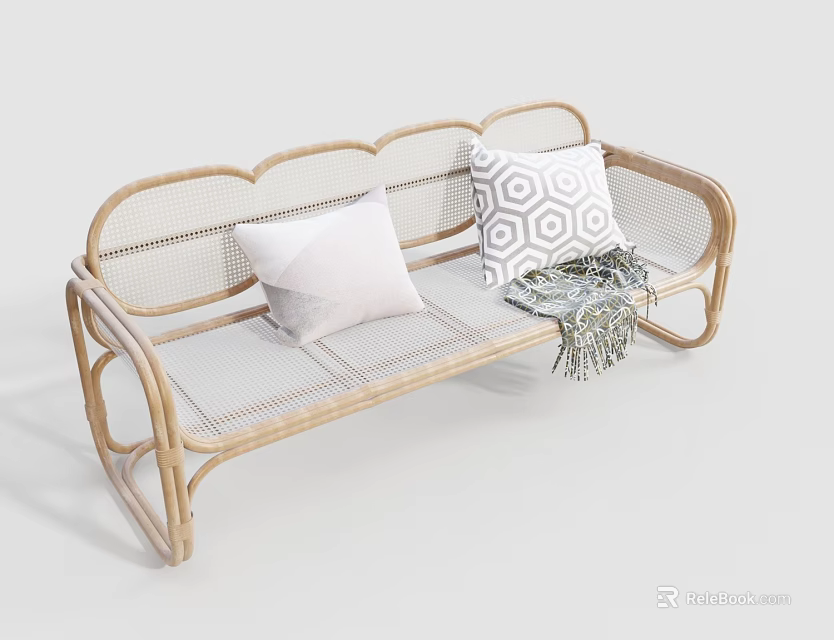 Stylish Outdoor Rattan Bench With Plain And Geometric Pattern Cushions And Woven Blanket 3d model 