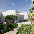 Lush Green Garden Landscape With White Building And Trees Under Blue Sky With Clouds