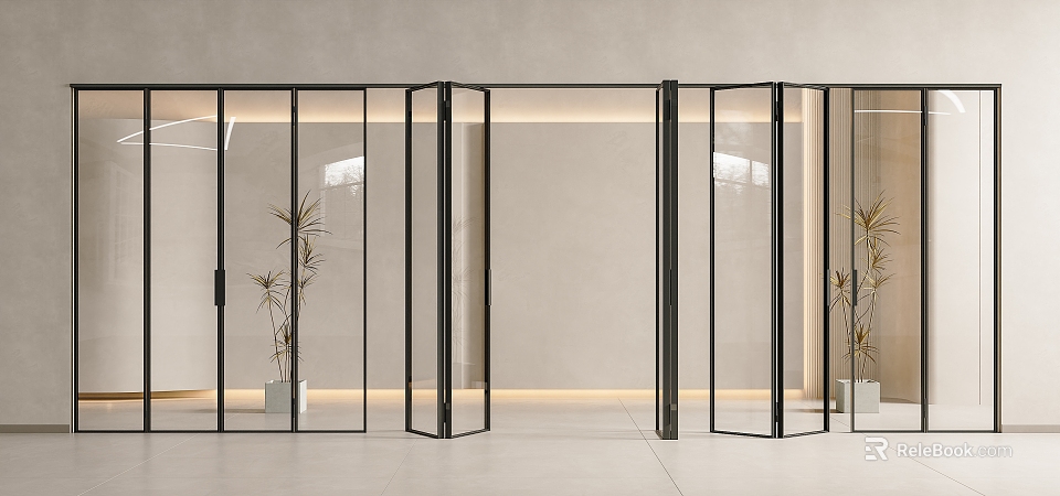 Modern Glass Folding Doors With Black Frame For Bright Interior Space Design 3d model 