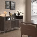 Cozy Modern Dining Room With Wooden Cabinet Table Chairs Vase Lamp Mirror And Framed