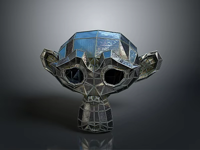 Metallic Geometric Sculpture With Polyhedral Design And Eye Shaped Holes On Reflective Base 3d model