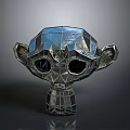 Metallic Geometric Sculpture With Polyhedral Design And Eye Shaped Holes On Reflective Base