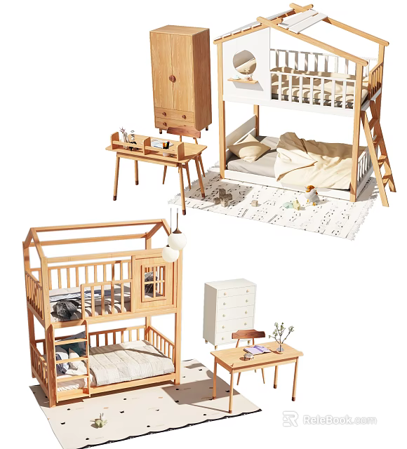 Wooden Bunk Bed In Cozy Children's Bedroom With Nightstand Dresser And Desk 3d model 