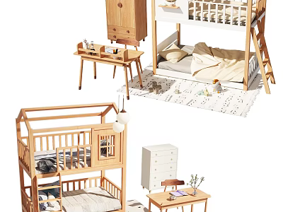 Wooden Bunk Bed In Cozy Children's Bedroom With Nightstand Dresser And Desk 3d model
