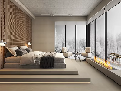 Modern Hotel Room Interior With Wooden Accent Wall Large Bed And Floor To Ceiling Windows 3d model