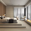 Modern Hotel Room Interior With Wooden Accent Wall Large Bed And Floor To Ceiling Windows