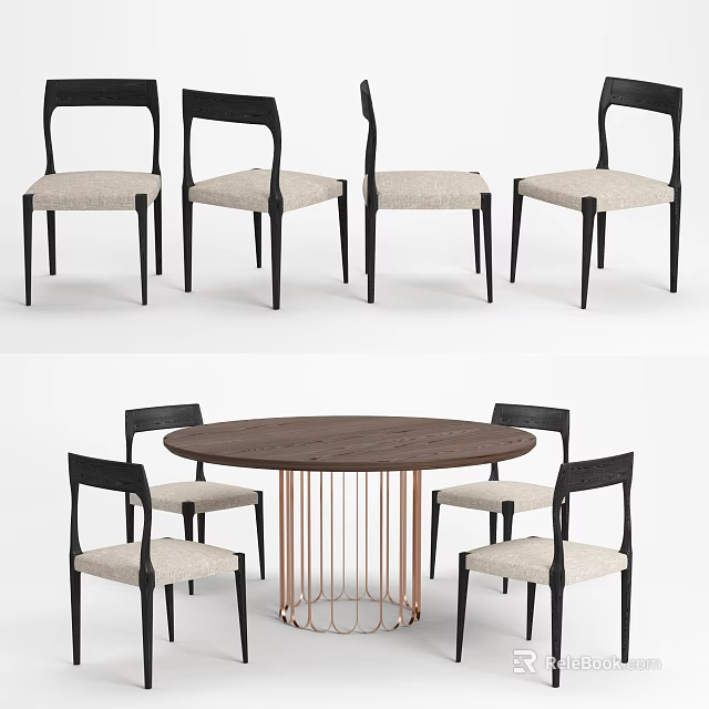 Round Wooden Dining Table Set With Black Frame Chairs And Beige Upholstered Seats 3d model 