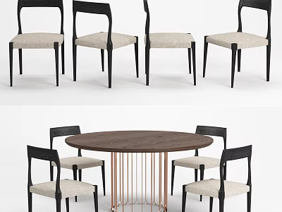Round Wooden Dining Table Set With Black Frame Chairs And Beige Upholstered Seats 3d model