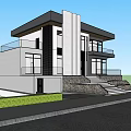 Modern Two Story Detached Villa With Large Glass Windows Surrounded By Trees And Front Steps