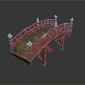 Ornate Traditional Red Arched Bridge Featuring Golden Decorations And Wooden Railings
