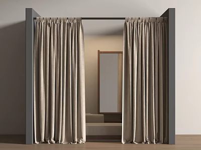 Gray Frame Beige Curtains Drawn With Mirror In Interior Wooden Floor Setting 3d model