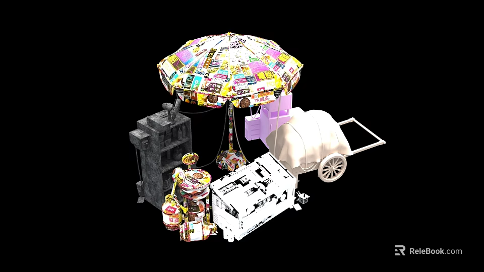 Colorful Umbrella Shaped Decor With Black Cabinet White Wheeled Cart Colorful Cans And Boxes 3d model 
