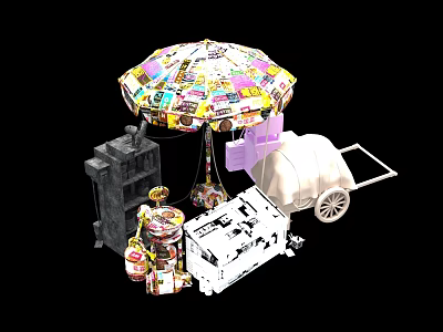 Colorful Umbrella Shaped Decor With Black Cabinet White Wheeled Cart Colorful Cans And Boxes 3d model