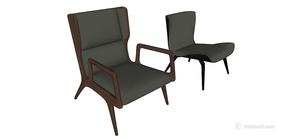 Modern Gray Upholstered Dining Chairs With Armrests And Dark Wooden Frame 3d model 