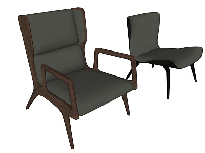 Modern Gray Upholstered Dining Chairs With Armrests And Dark Wooden Frame 3d model